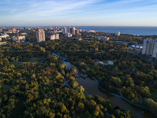 Fototapeta na wymiar Aerial shot of Victory Park in Odessa at sunsrise