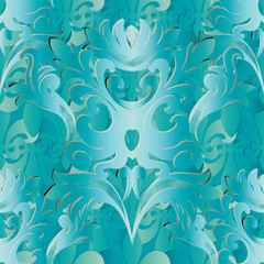Light blue 3d Baroque seamless pattern. Vector floral background wallpaper. Vintage abstract 3d flowers, scroll leaves, antique damask ornaments in baroque style. Surface elegance texture with shadows