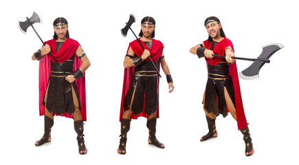 Gladiator holding ax isolated on white