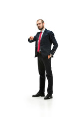 Full body portrait of businessman with folder on white