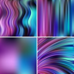 Abstract vector illustration of colorful background with blurred light lines. Set of four square backgrounds. Curved lines. Purple, blue colors.