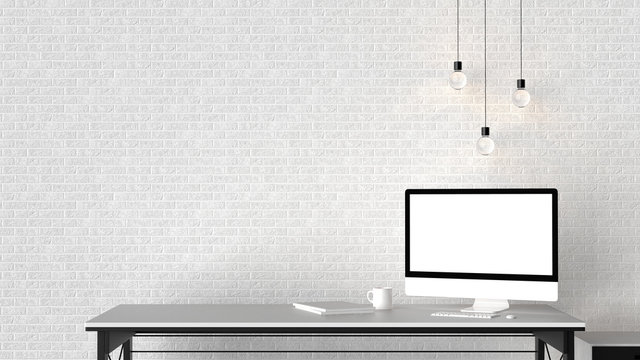 Modern workspace, isolated computer screen and empty brick wall. 3D illustrating.