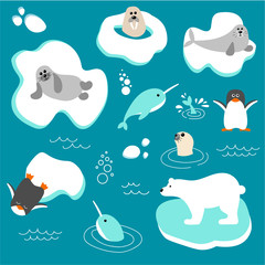 Vector collection of polar animals in flat style