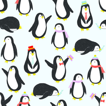Vector seamless pattern with penguins in flat style
