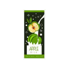Apple milk logo original design, label for natural healthy dairy product with fresh fruit vector Illustration
