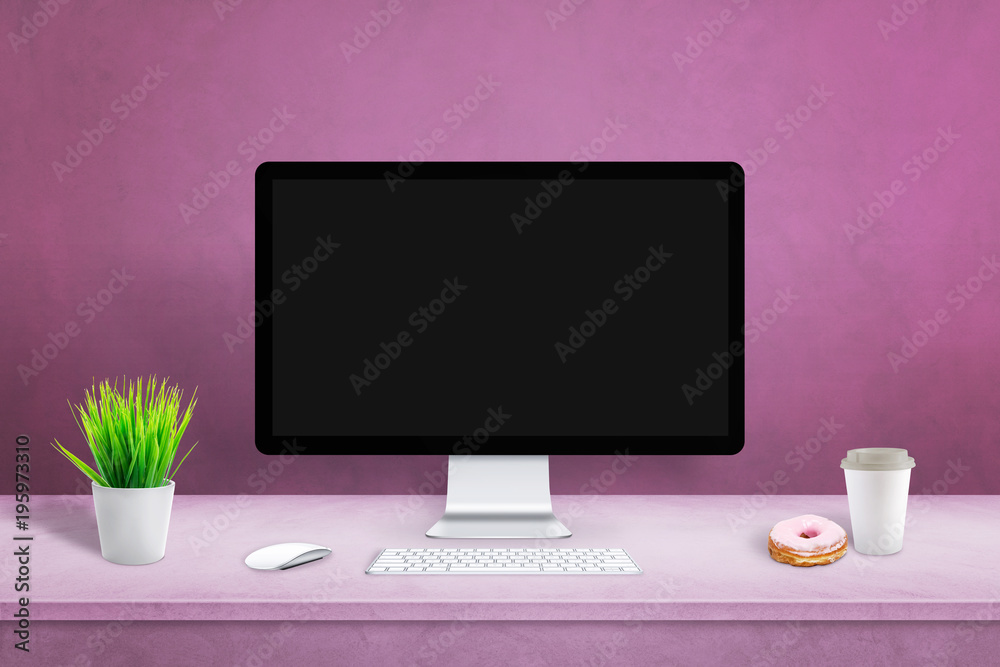 Poster blank display on office desk for mockup, web site design presentation. pink desk and wall.
