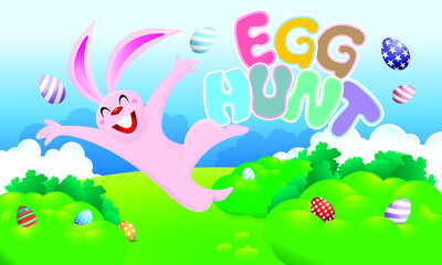 Easter day vector with a cute rabbit and easter eggs. With spring scenery background.
