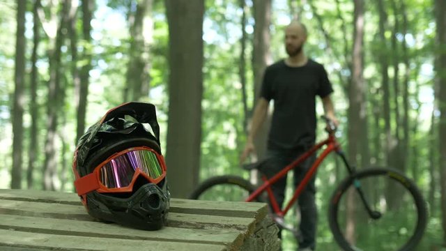Biker helmet in the woods