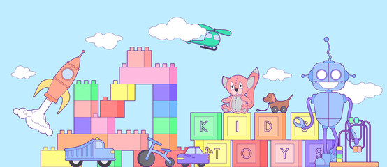 Naklejka premium Cute kids toys shop banner with set of different toys for boys and girls isolated. Vector background eps10 illustration.