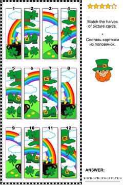 St. Patrick's Day themed visual puzzle with pot of gold, rainbow, green hat and shoes, shamrock quatrefoils: Match the halves of picture cards. Answer included.
