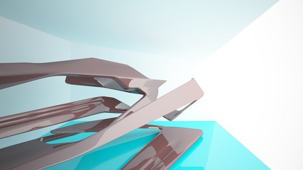 Abstract dynamic interior with brown smooth objects. 3D illustration and rendering