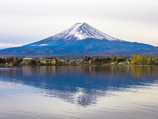 Fuji mountain with cloudy sky and reflection.