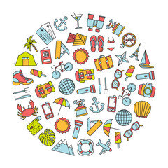 round design element with colorful traveling icons