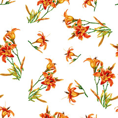 Seamless pattern of lilies painted in watercolor.