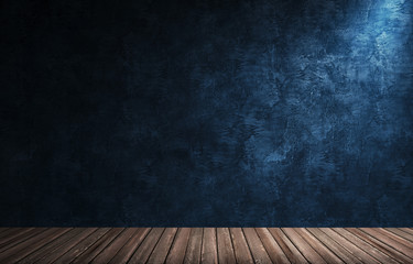 3d rendering illustration of big modern room with blue plaster wall, wooden floor and plinth. Interior with bright spotlights. Studio, showroom, photostudio, stage.