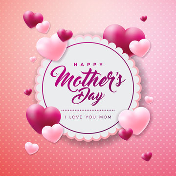 Happy Mothers Day Greeting card with hearth on pink background. Vector Celebration Illustration template with typographic design for banner, flyer, invitation, brochure, poster.