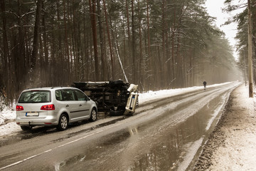 Car accident on the slippery road in early March