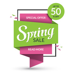 Spring sale banner. Discount label. Special offer vector template. Up to 50 percent off badge. Half price colorful sticker. Season sale tag. Shopping background