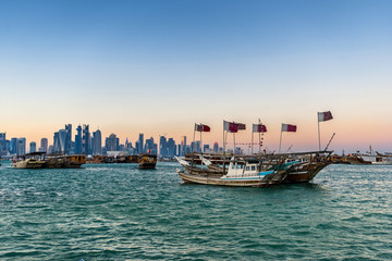 Looking across Doha Bay to the city of Doha in Qatar