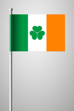 Ireland Flag with Shamrock. National Flag on Flagpole. Isolated Illustration on Gray