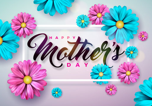 Happy Mothers Day Greeting card with flower on pink background. Vector Celebration Illustration template with typographic design for banner, flyer, invitation, brochure, poster.