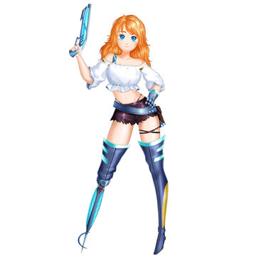 Space Pirate Girl with Anime and Cartoon Style. She is a Super Star! Video Game's Digital CG Artwork, Concept Illustration, Realistic Cartoon Style Character Design
