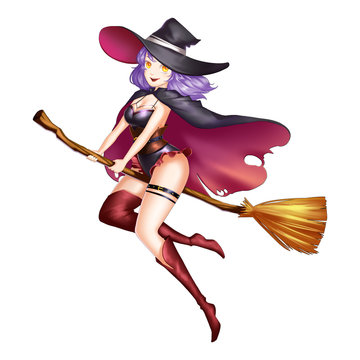 Magic Witch Girl with Anime and Cartoon Style. Video Game's Digital CG Artwork, Concept Illustration, Realistic Cartoon Style Character Design
