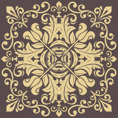 Oriental vector pattern with arabesques and floral elements. Traditional classic ornament. Vintage brown and golden pattern with arabesques