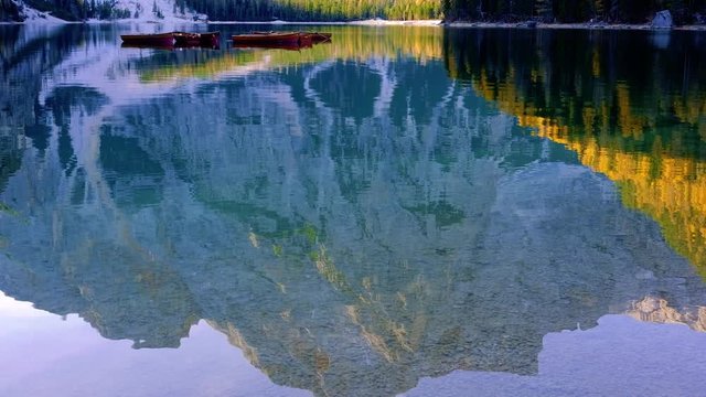 Lake Lago Di Braies In Dolomites, Italy Alps at autumn