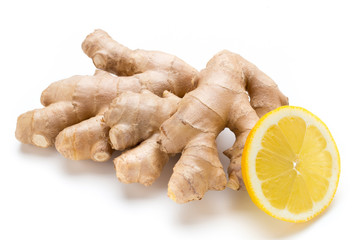 Ginger bio and lemon on white background.