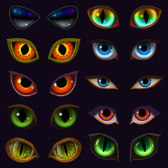 Cartoon eyes vector devil eyeballs of beast or monster and animals scary expressions with evil eyebrow and eyelashes illustration set of vampire eyesight isolated on black background © partyvector