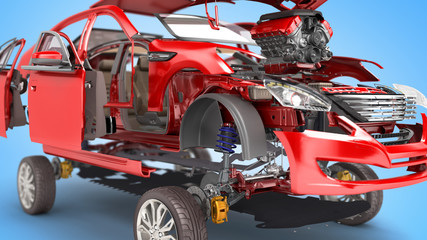 Obraz premium Details of the red car on a blue background 3D render