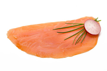 Fresh salmon slice and spice on the white background.