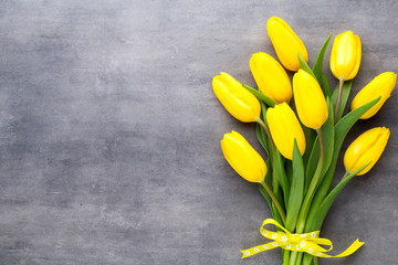 Yellow spring flowers, tulip on a gray background.