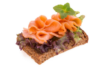 Bread with fresh salmon fillet isolated on white background, top view.