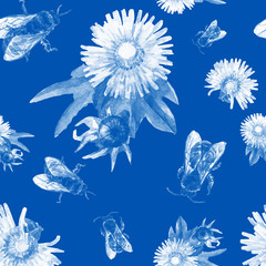 Seamless pattern of dandelions and bees in watercolor.