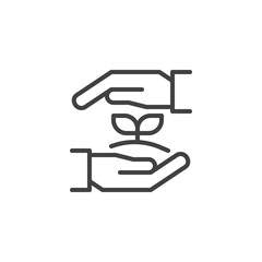 Growth plant in hands outline icon. linear style sign for mobile concept and web design. Hands hold plant simple line vector icon. Symbol, logo illustration. Pixel perfect vector graphics