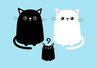 Black white cute cat sitting kitten set. Family father, mother, baby. Cartoon kitty character. Kawaii animal. Funny face with eyes, mustaches, nose, ears. Love card. Flat design. Blue background