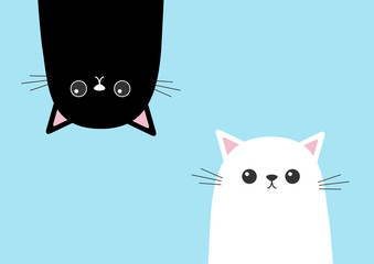 Black funny cat Head silhouette hanging upside down. White kitten head face set. Cute cartoon character Baby collection. Flat design. Blue background. Isolated.