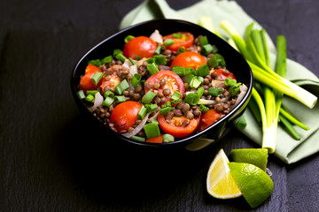 Indian lentil salad with veggies. Healthy food, vegetarian and vegan