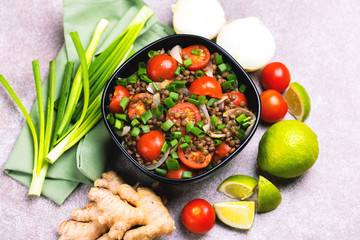 Indian lentil salad with veggies. Healthy food, vegetarian and vegan