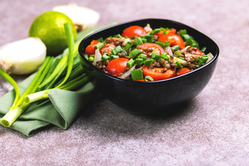 Indian lentil salad with veggies. Healthy food, vegetarian and vegan
