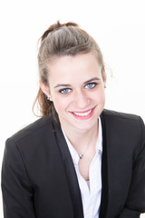 Happy smiling young businesswoman, on white background. Caucasian brunette model in business concept studio shoot