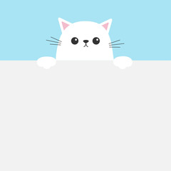 White funny cat head face hanging on paper board template. Kitten body with paw print. Cute cartoon character set. Kawaii animal. Pet collection. Baby card. Flat design. Blue background Isolated