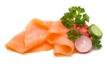 Fresh salmon slice and spice on the white background.