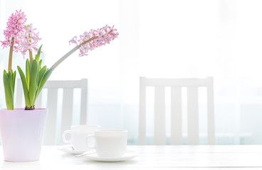 Fototapeta na wymiar Cups of coffee with hyacinth flowers on the white table