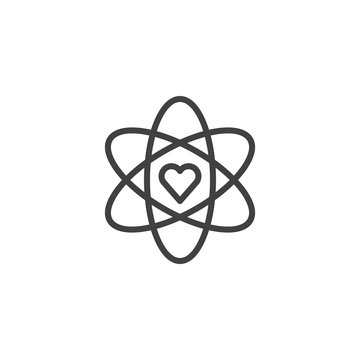 Atom and heart shape outline icon. linear style sign for mobile concept and web design. Love science, chemistry simple line vector icon. Symbol, logo illustration