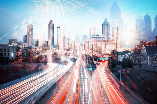 Double Exposure Of Night Traffic In Modern City