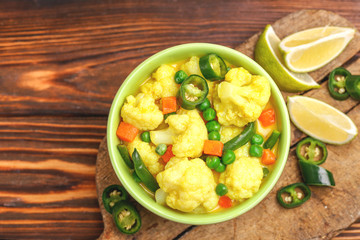 Indian Vegetarian curry Vegetable Korma. Copyspace, top view