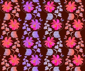 Cute seamless floral pattern with vertical wreath of cosmos and bell flowers in vector. Romantic print for silk scarf.